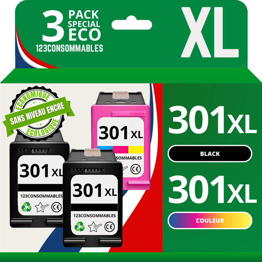 Pack 3 cartouches compatible avec HP 301 XL (2 noirs + 1 couleur) - sans niveau